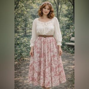 Vintage 80’s, long prairie skirt- dusty rose and cream - fits modern L